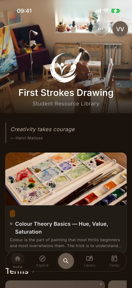 C3NTR Home screen for a creative school